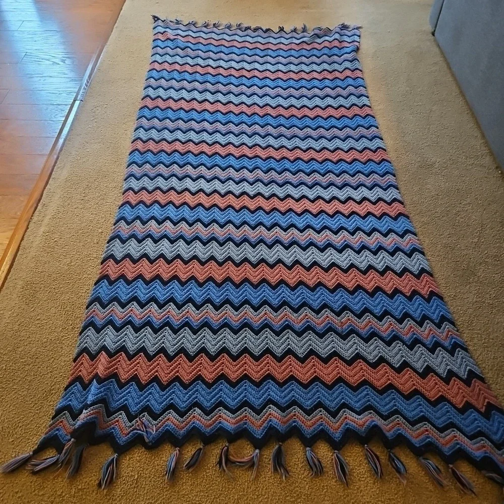 Vintage Handmade Chevron Crochet Blanket Blue Pink 1970s Afghan 95